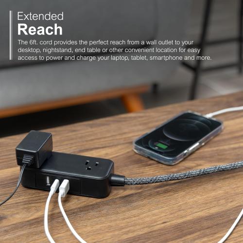 GE Flat Plug Power Strip Extension Cord with USB Ports, Travel Power Strip with 2 Outlets 3 USB Ports, Cruise Ship Essentials, 6 Ft Braided Small Extension Cord Flat Wall Plug, ETL Listed Black, 82586