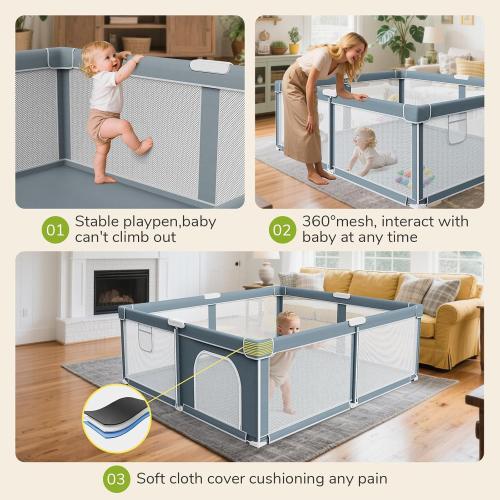 Foldable Baby Playpen - 71×79 Collapsible Play Pen for Babies and Toddlers - Indoor Outdoor Travel Playpen - Sturdy with Mesh View Portable Play Yard - Folding Play Pen with 4 Handles and Carry Bag