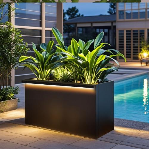 Size 30 L Black LED Metal Planter Flower Box Vibe LED Lighting Strips ×2 Galvanized Steel Trough Shelf Grow Drainage Holes Indoor Space Rectangular Outdoor Patio Garden Decor Plant Herbs Houseplants
