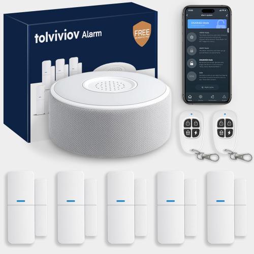 tolviviov WiFi Smart Door/Window Alarm System 8-Piece Kit – App Alerts, Compatible with Alexa, No Monthly Fee, Expandable DIY Wireless Home Security, 1 Siren, 5 Sensors & 2 Remotes (8 Pack)