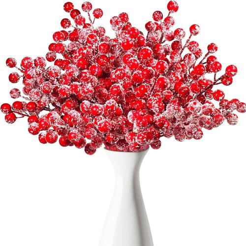 50 Pcs Holly Stems, 8.7 Snow Sprays Artificial Red Berry Stems, Holly Berry Picks for Christmas Tree Fillers Decor, Fake Red Berries for DIY Crafts Wreaths Garland Home Party Winter Decor