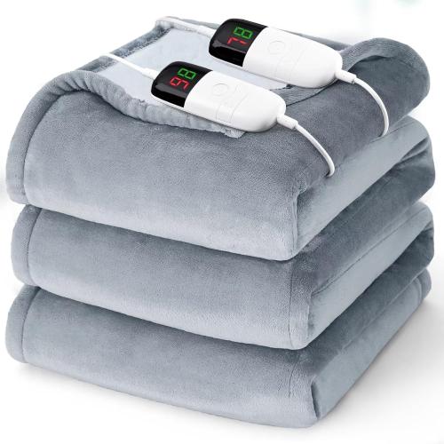 Grey 84x90 Heated Electric Blanket Queen Size - 84 x 90 Heating Blanket with Dual Control, 10 Heating Levels & 8 Hours Auto Off, Soft Warm Flannel Gift Blanket with Over-Heat Protection, ETL & FCC Certified