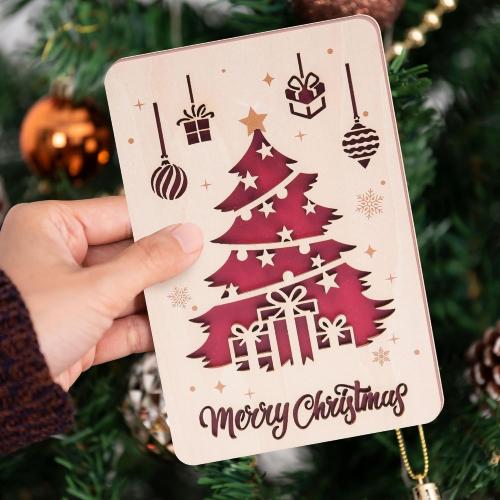 Wooden Christmas Greeting Card, Handmade Merry Christmas Card 2025, Festive Laser Cut Wood Art for Home and Tree Decor, Unique Holiday Gift for Friends and Family (Style 1)