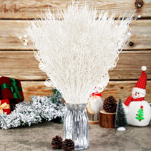 Tigeen 48 Pcs White Christmas Tree Picks and Sprays Ornaments 17'' 12'' Artificial Glitter Christmas Tree Topper Floral Berry Stems Branches Filled for Xmas Vase Filler Wreath DIY Crafts