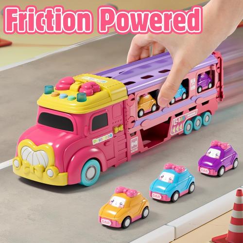 Carrier Truck Toys for Kids, Princess 3.8-FT Foldable Hauler Track Ejection Car and 6 Carton Car with Light&Sounds, Truck Toy Child Toys for 3 4 5 6  Year Old Girls-Pink