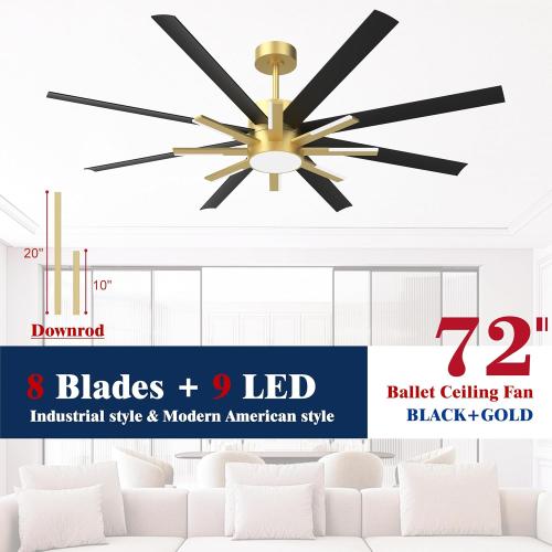 72 inch Large Ceiling Fans with Lights and Remote，Indoor/Outdoor Modern Ceiling Fan for Living Room Patio，6 Speed Reversible，8 Blades and 9 Lights，3 CCT，Black Gold