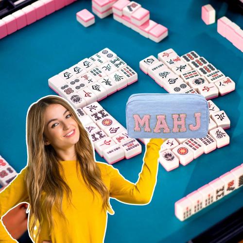 Empty Mahjong Bag Thickened American Mahjong Tiles Bag with Zipper Storage Pouch for Board Game Pieces Game Party Travel Gatherings Accessories, 10.4''x5.6'', Case Only (Mahj,Light Blue)
