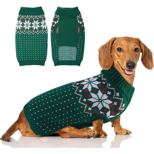 FUAMEY Dog Christamas Sweater, Warm Dog Sweater Classic Snowflake New Year Turtleneck Sweaters Knitwear Cold Weather Dogs Pullover for Small Medium Dogs Puppies & Cats Bulldogs Corgi with Leash Hole