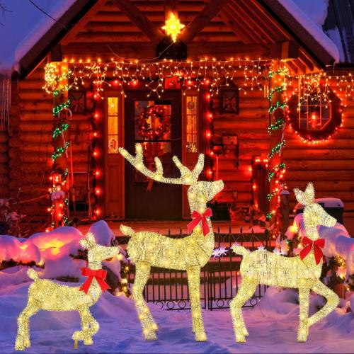 Lighted Christmas Reindeer Decoration, 3 Piece 2D Lighted Christmas Deer Family Set with 8 Lighting Modes, Outdoor Deer Decorations for Yard Patio Lawn Garden Party