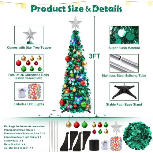 N&T NIETING Pop Up Christmas Tree with Lights, Collapsible Tinsel Xmas Tree Decorations, Pencil Christmas Tree Skinny Tree for Holiday Xmas Home Office Decor, 25 Balls, 3Ft, Peacock Blue