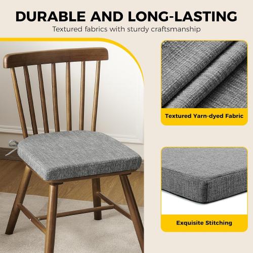 downluxe Indoor Chair Cushions for Dining Chairs, Soft and Comfortable Textured Foam Kitchen Chair Pads with Ties and Non-Slip Backing, 16 x 16 x 2, Dark Grey, 6 Pack