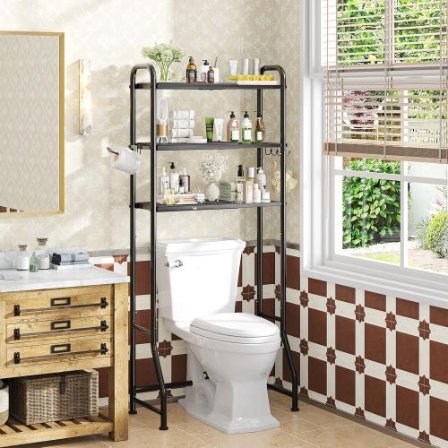 Simple Trending Expandable Over The Toilet Storage Rack, Metal 3 Tier Bathroom Organizer Shelf with Paper Holder and 3 Hooks, Black