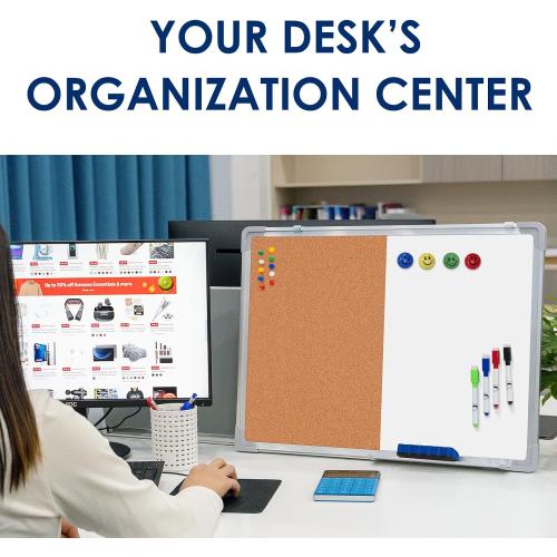 Combination Whiteboard Bulletin Board Set - 24 x 18 in Dry Erase/Cork Board with 1 Magnetic Dry Eraser, 4 Markers, 4 Magnets and 10 Thumb Tacks - Combo Tack Board White Board for Home Office Desk