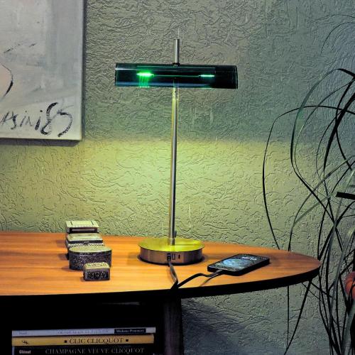 Bankers Modern Desk Lamp, Elevate Your Space with 3-Port Fast Charging Station (A  C USB Ports), Emerald Acrylic Lampshade, Satin Brass Finish. Old Classic with Modern-Inspired Design