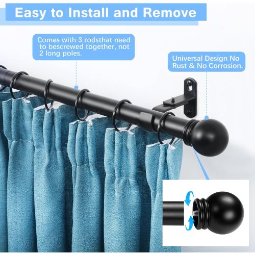 Curtain Rods for Windows 16 to 48 Inches, Curtain Rod Max Adjustable Length of 60 IN, 6/8 Diameter Drapery Rods Round Finials, Black, Pack of 1