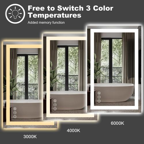 Amorho LED Bathroom Mirror 28x 36 with Front and Backlight, Stepless Dimmable Wall Mirrors with Anti-Fog, Shatter-Proof, Memory, 3 Colors, Double LED Vanity Mirror (Horizontal/Vertical)