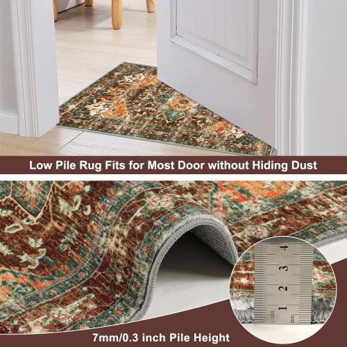 Yamaziot Washable Runner Rug, Non-Slip Boho Vintage Hallway Rug with Rubber Backing, Low Pile Faux Wool Distressed Carpet Runner for Bedroom, Kitchen, Laundry, Entrance (168 x 28)