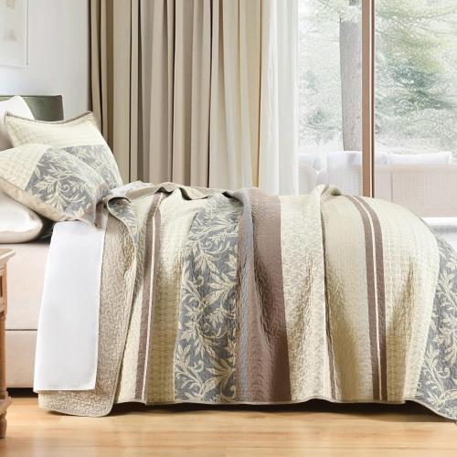 100% Cotton Quilt Set Queen Size - Striped Quilted Comforter, Patchwork Botanical Queen Quilt Bedspread, Modern Farmhouse Lightweight Bedding for Queen Bed, 3pcs, Brown/Beige/Gray