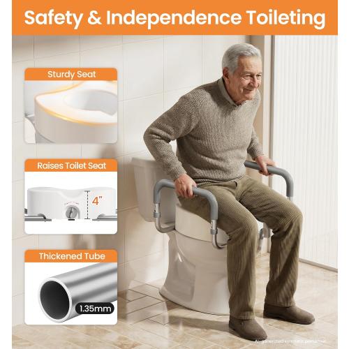 HOMLAND Toilet Seat Risers for Seniors, Adjustable Width & Height, 300 Lbs | Removable Padded Handles, Elevated Raised Toilet Seat for Elderly, Handicap, Fits Most Toilet, Dual-Locking System