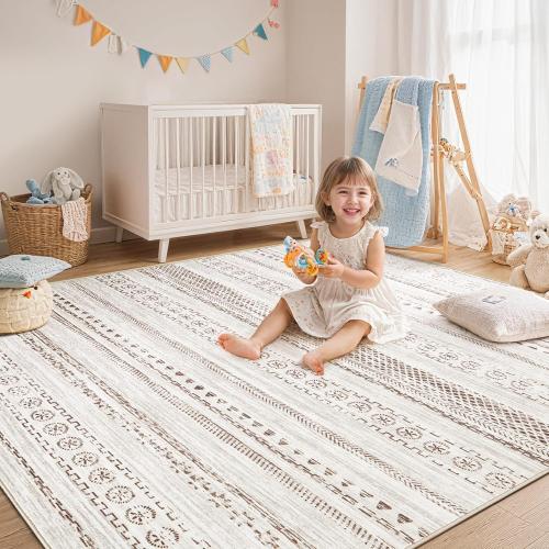 Area Rug Living Room Rugs - 5x7 Washable Boho Farmhouse Bohemian Neutral Large Moroccan Geometric Soft No Slip Indoor Rug Thin Floor Carpet for Bedroom Under Dining Table Home Office - Brown