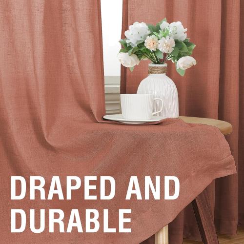 H.VERSAILTEX Natural Linen Curtains 84 inches Long for Living Room 2 Panels Back Tab Loop Pocket Textured Light Filtering Semi Sheer Curtains Rustic Farmhouse Boho Curtain for Bedroom, Terracotta
