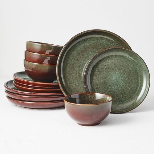 Pokini Stoneware Dinnerware Sets for 4, 12pcs Plates and Bowls Sets Dishes