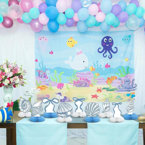 12 Pcs Blue Bow & Seashell Birthday Party Table Decor, Blue Bow Honeycomb Centerpieces, Summer Coastal Beach Party Decor, Starfish Seashell Table Topper for Birthday Bachelorette Bridal Wedding