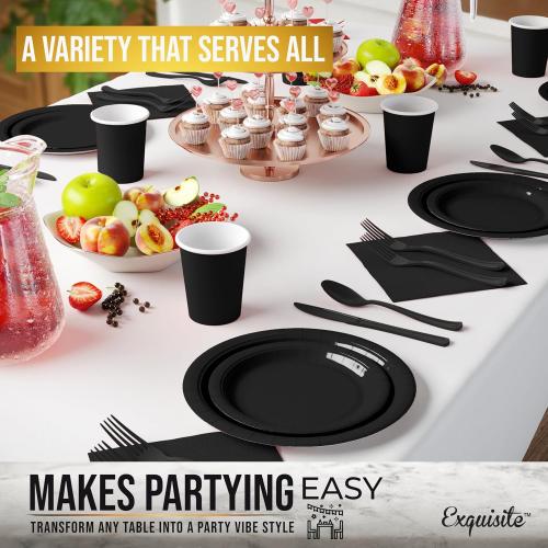 Exquisite 350 Pcs Black Paper Plates For Party, Black Disposable Plates Set, 50 Of Each 9 Dinner Plate Set, 7 Dessert Plate, Cups, Napkins & Cutlery Paper Dinnerware