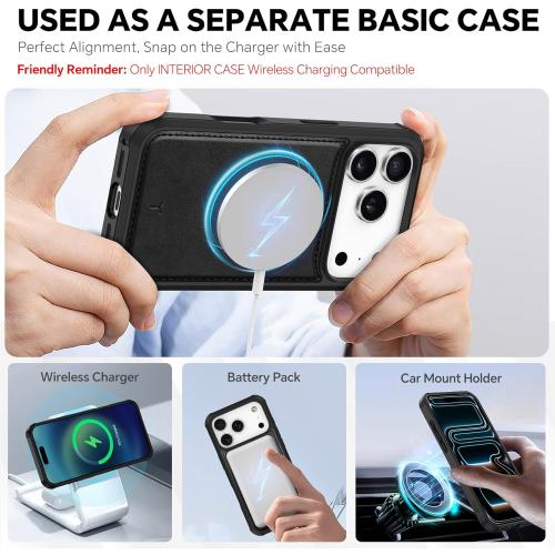 TUCCH 2-in-1 Detachable Wallet Case for iPhone 17 Pro (6.3-inch) 2025, Wireless Charging | RFID Blocking 4 Card Holder | Wrist Strap | Kickstand | Magnetic | PU Leather | Protective Flip Cover | Black