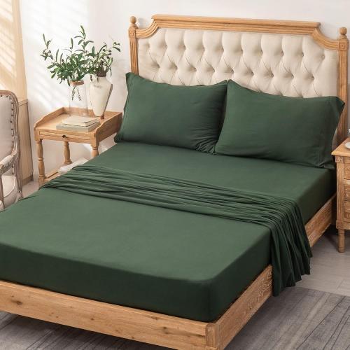 PURE ERA Jersey Knit 4pc Bed Sheet Set 100% T-Shirt Cotton Super Soft Comfy Breathable Fits Mattress Up to 20 Extra Deep Pocket (Solid Forest Green, King)
