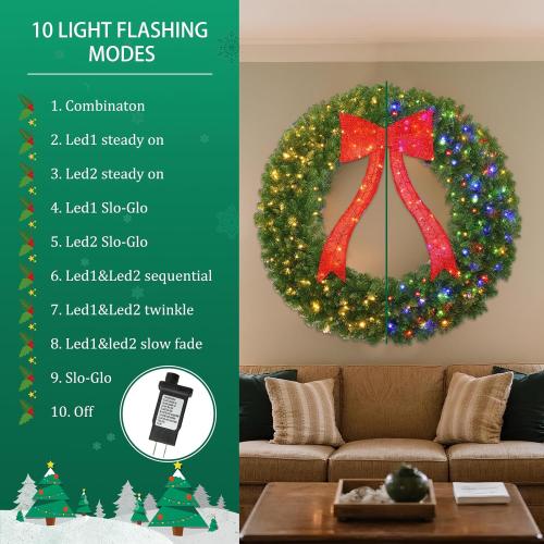 VINCONLIDY 48in Prelit Christmas Wreath - Large Outdoor Christmas Wreath with Lighted Red Christmas Bow, Metal Hook, 714 Branch Tips & 250 Multicolor LED Lights for Front Door Window Holidy Decor