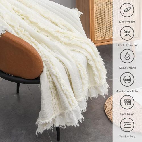 Ultra Soft Pre-Washed Quilted Boho Cream Queen Size Blankets for Bed, Ruffle Fringed Decorative Throw, Stone Washed Chic Rustic Blanket for Sofa Couch Bed, 90*90