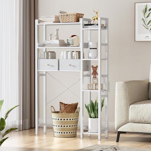 Housolution Over The Toilet Storage with 2 Drawers, 7 Tier Over Toilet Bathroom Organizer with Height Adjustable Shelves and Hooks, Space Saver Above Toilet Rack for Bathroom/Restroom/Laundry, White