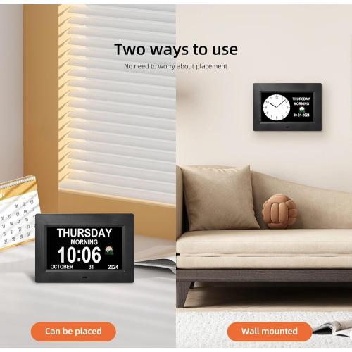 7 Inches Digital Clock with Day and Date for Elderly Alzheimer's Dementia Clock Customizable Alarms and Medicine Reminders 3 Display Modes Large Font Digital Alarm Clock for Seniors (Black)