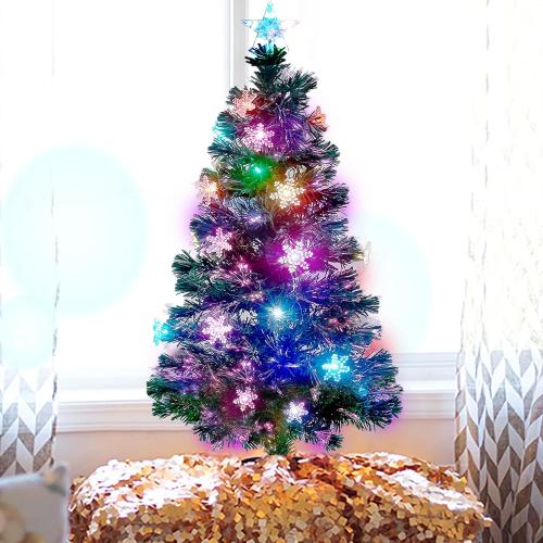 Juegoal 3 ft Pre-Lit Artificial Mini Christmas Tree, Lighted Optical Fiber Tabletop Xmas Trees with RGB Color Changing LED Lights, Snowflakes & Top Star, Festive Party Holiday Fake Multicolored Tree