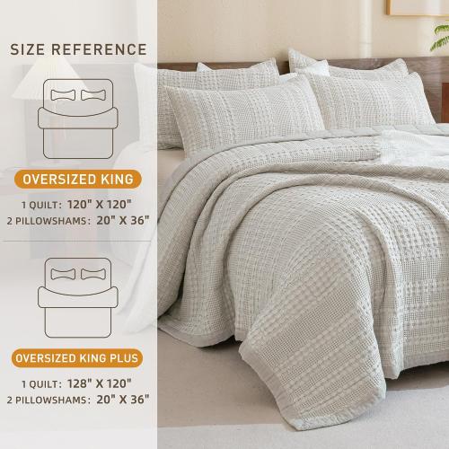 CozyTide Oversized King Quilt 120x120,100% Cotton Waffle Weave Khaki Bedspread,3 Piece Ultra Soft California King Quilted Coverlet Set Farmhouse Shabby Bedding Set