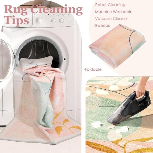 MUJOO Washable 8x10 Area Rugs Low Pile Non Slip Mid Century Modern Large | Machine Washable Big Throw Carpet for Living Room Dining Room Bedroom Indoor Boho Abstract Retro Geometric Accent Pink
