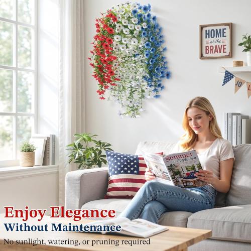 Lewondr 4th of July Artificial Hanging Flowers Plants for Outdoor, 3 PCS | Faux Silk Memorial Day Plants, 30'' Red White Blue UV-Resistant Flower, for Independence Veterans Porch Patio Yard Decor