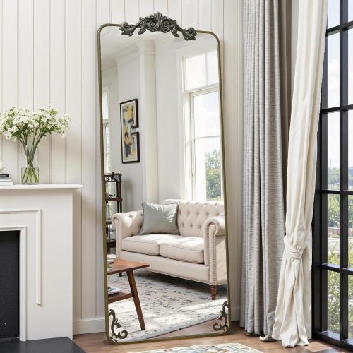 Full Length Mirror, 65x22 Floor Mirror Freestanding with Carved Metal Frame, Full Body Mirrors for Living Room, Standing, Hanging, Leaning Mount, Bronze, Luxury Style