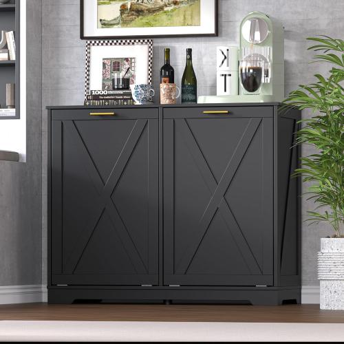 Color Black Tilt Out Trash Can Cabinet for 2 Bins, Hidden Recycle Garbage Bin Enclosure, Wooden Double Laundry Cabinet with Odor Control, Negative Ion & Ozone, for Kitchen, Bathroom, Laundry Room