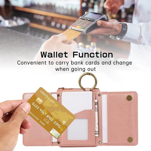 Compatible with Samsung Galaxy Z Flip 6 5G 2024 Wallet Case and Crossbody Shoulder Strap Ring Buckle Hinge Protection Stand Card Holder Phone Cover for ZFlip6 Z6 G Flip6 6Z Women Girls Men Rose Gold
