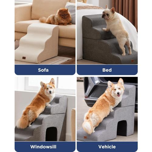 Beige Curved Dog Stairs Ramp for Small Dogs & Cats 17 H, 3-Step Dog Steps for Couch Sofa and Chair, Pet Stairs for Cats, Non-Slip Balanced Pet Steps