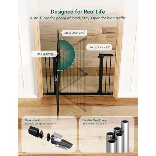 Babelio Baby Gate for Doorways and Stairs, 26-40 Auto Close Dog Gate, PressGuard C5, Easy-Install Pressure Mounted Satey Door, No Drilling Safety Gate for Child and Pets, Black