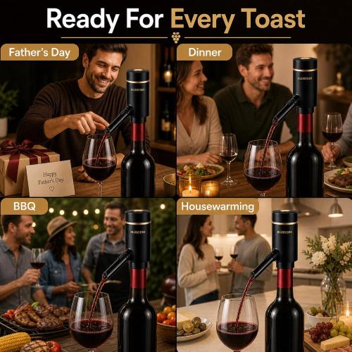 BLUBYEES Electric Wine Aerator and Decanter Set with Stand Base, Rechargeable Automatic Aerator Dispenser with One-Touch Pouring and Built-in Pourer, Father’s Day Wine Gift for Men