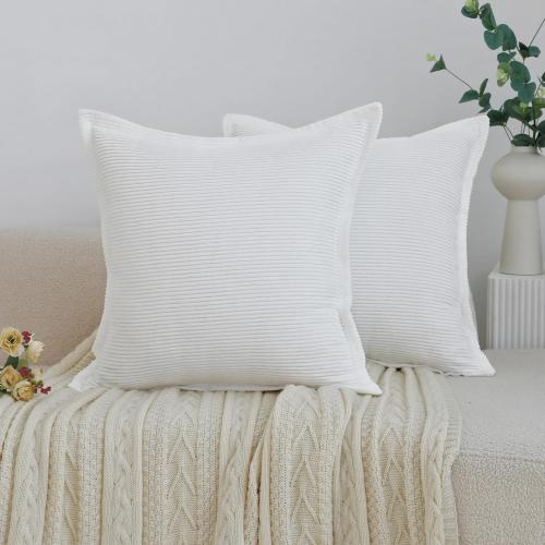 LIGICKY Set of 2 White Corduroy Throw Pillow Covers 18 x 18 inch Decorative Neutral Striped Textured Pattern Cushion Cover Soft Wide Edge Square Cushion Cases for Sofa Bedroom Couch Party Décor