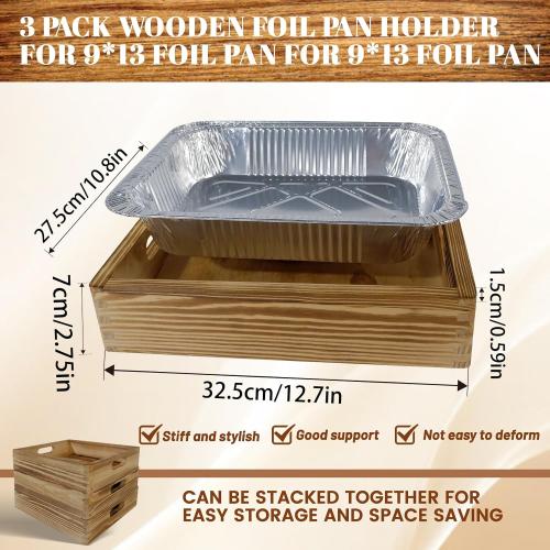 Tnstbiee 3-Pack Wooden Holders for 9x13 Foil Pans - Includes 3 Disposable Aluminum Foil Pans - Rustic Handcrafted Food Carrier - Perfect for Parties, Catering & Home Kitchen - Foil Tray Display Stand‼️ 3 wooden trays & 3 foil plans included (1 foil pan bent on edge) ‼️
