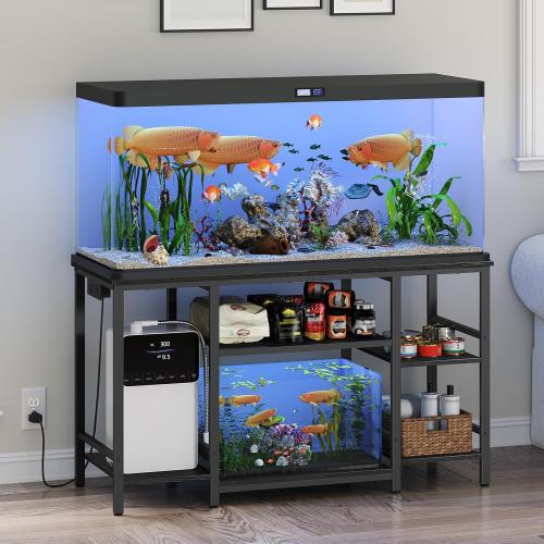 MAHANCRIS 55-75 Gallon Fish Tank Stand with Power Outlet, 3-Tier Metal Frame Aquarium Stand, Heavy Duty Reptile Terrarium Tank Stand, 52.0 L x 19.7 W x 29.9 H, 800 LBS Capacity, Black FTBK55E01