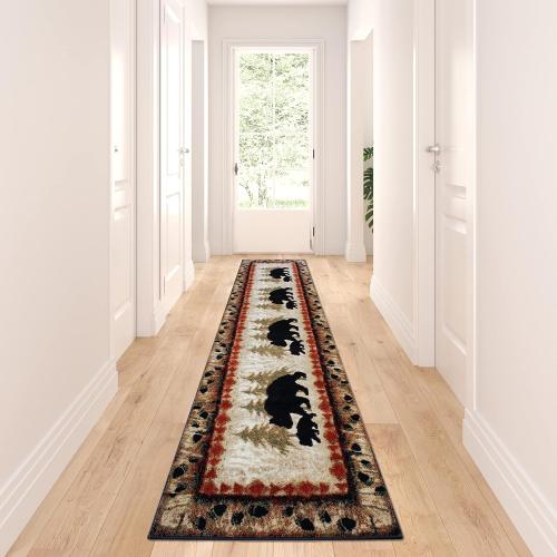 Masada Rugs, Cabin Lodge Area Rug Bear and Cub Scene (3 Feet X 10 Feet) Runner