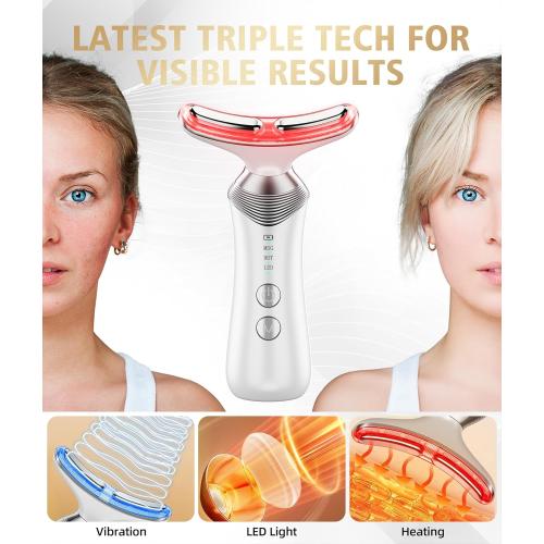 9-in-1 Red-Light-Therapy-for-Face-and-Neck, Portable Facial Massager Tool with Adjustable Vibration & Thermals for Wrinkles, Double Chin, White