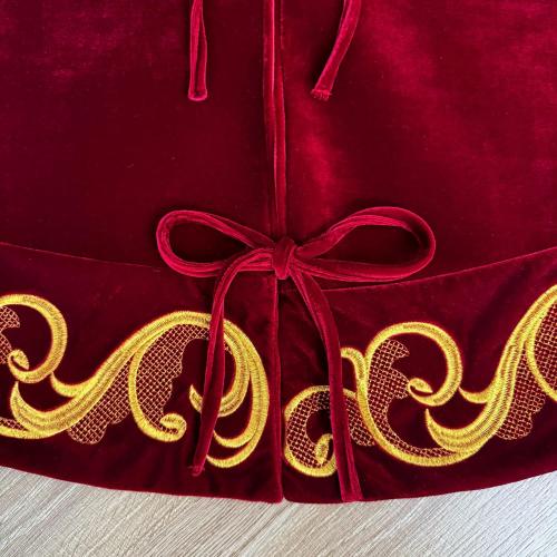70 Inch Velvet Christmas Tree Skirt with Golden Swirl Embroidery and Lace Tie Closures, Burgundy
